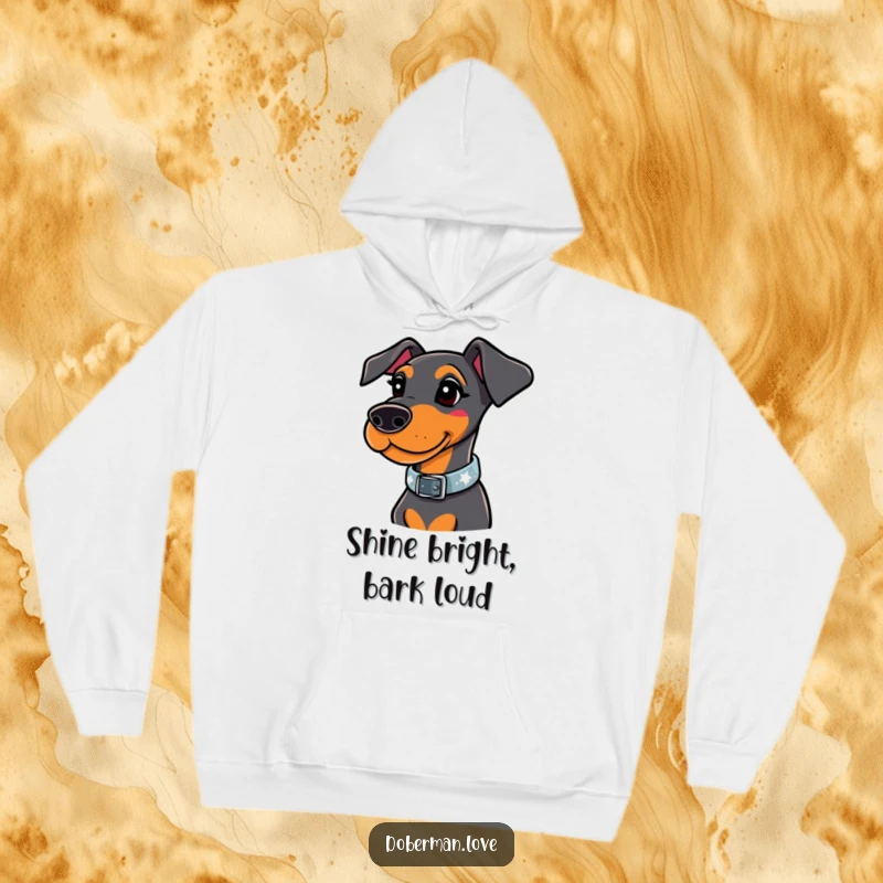 Funny doberman hoodie featuring a whimsical dog wearing a stylish collar that sparkles brightly, adding a touch of magic.