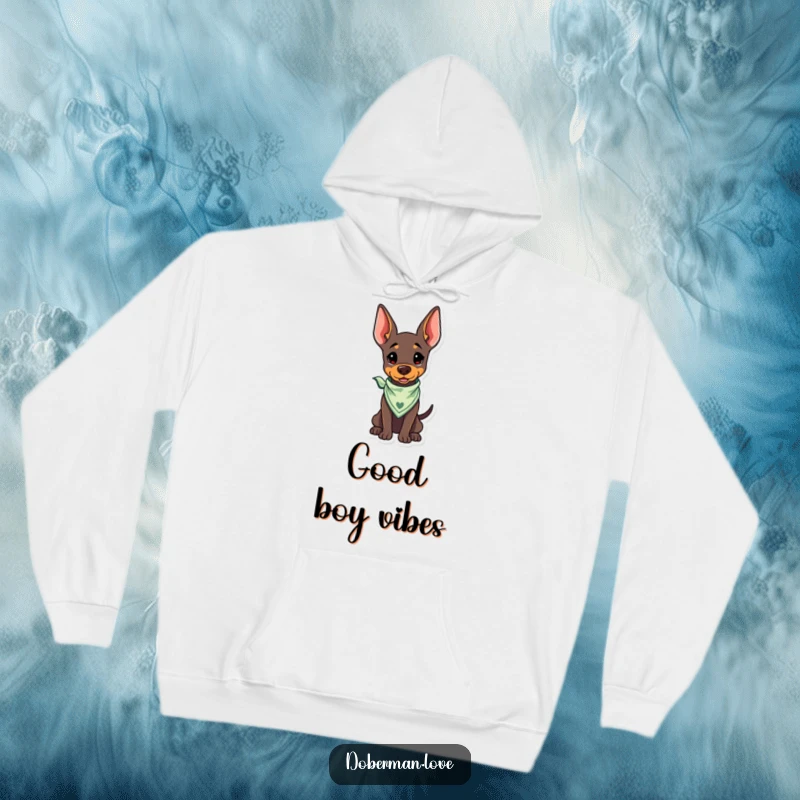 Funny Kawaii Doberman Hoodie wearing a bandana, wagging its tail, a cozy and humorous design.