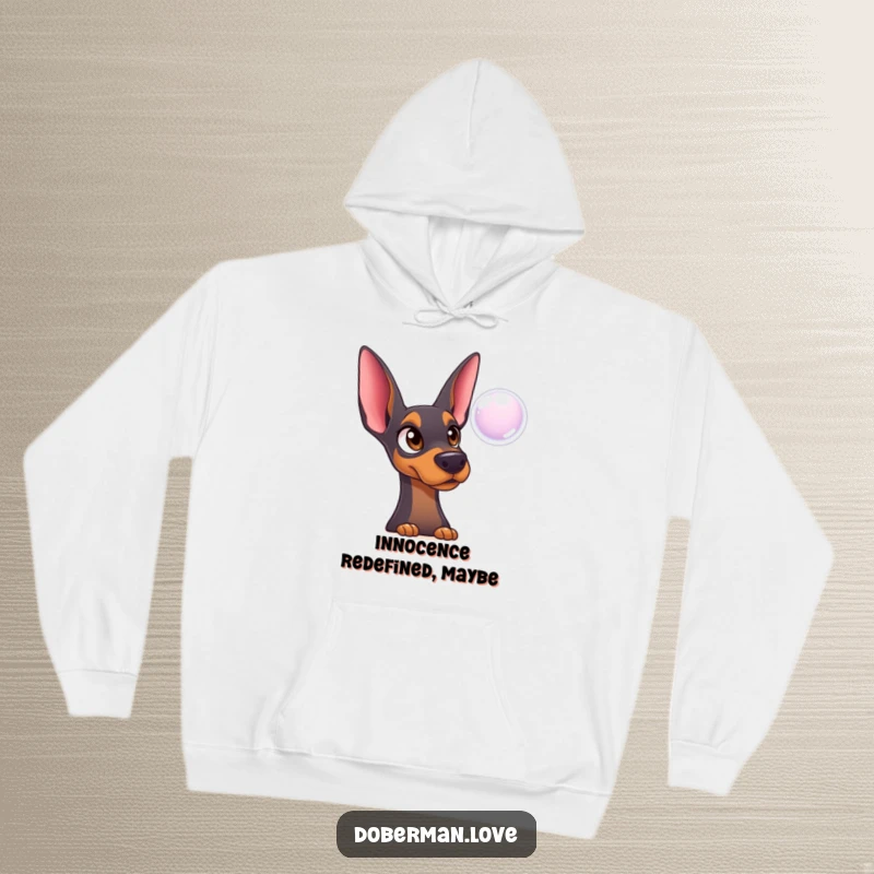 Funny Doberman Hoodie: Surprised dog with innocent eyes watching a bubble, cozy and humorous apparel.