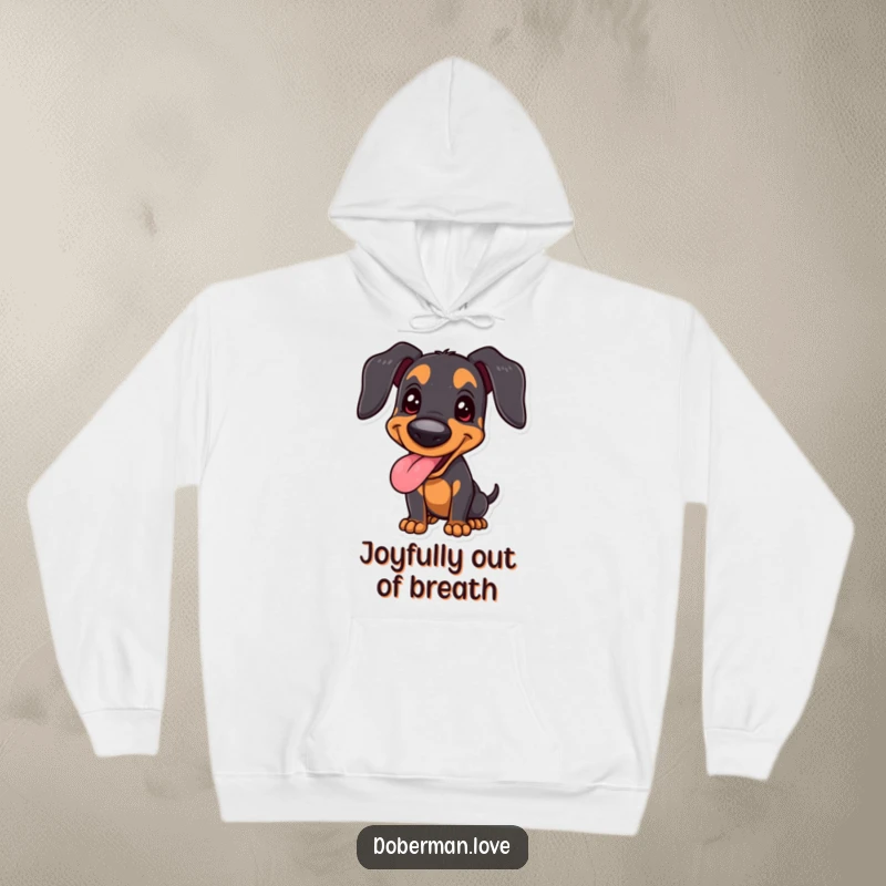 Funny joyful Doberman hoodie with a happy panting dog in a proud stance, offering warmth and humorous contentment.