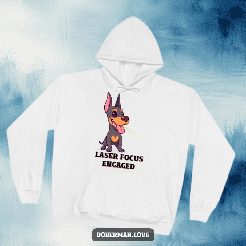 Funny Doberman hoodie showing a delighted dog with its tongue out, hilariously chasing a laser pointer dot with great energy.