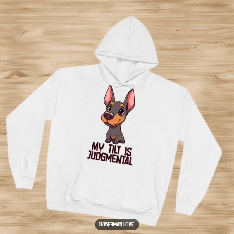 Funny Doberman hoodie showcasing a proud dog with an attentive head tilt, offering warmth and canine charm.