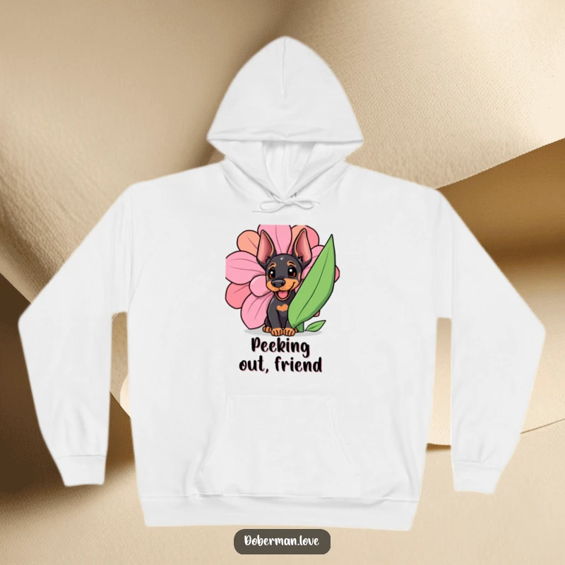 Funny Doberman cub peeking mischievously from a giant, beautiful flower, radiating pure happiness and a playful vibe.