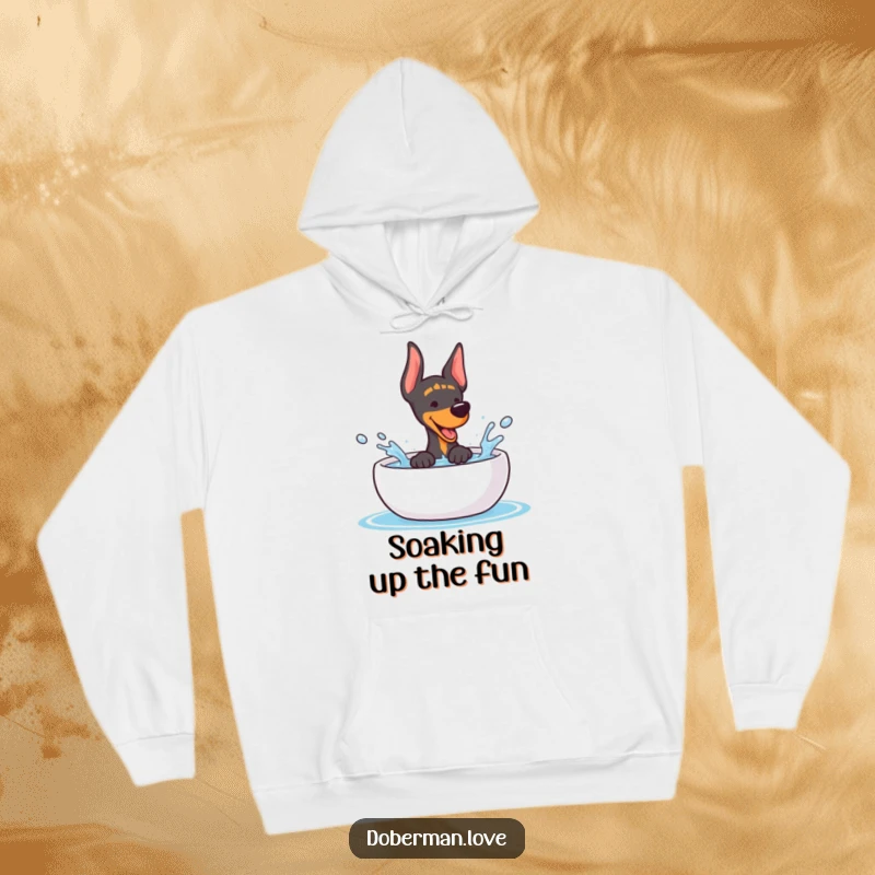 Funny Doberman Hoodie: Adorable kawaii dog enthusiastically splashing water, embodying playful canine energy and joy.