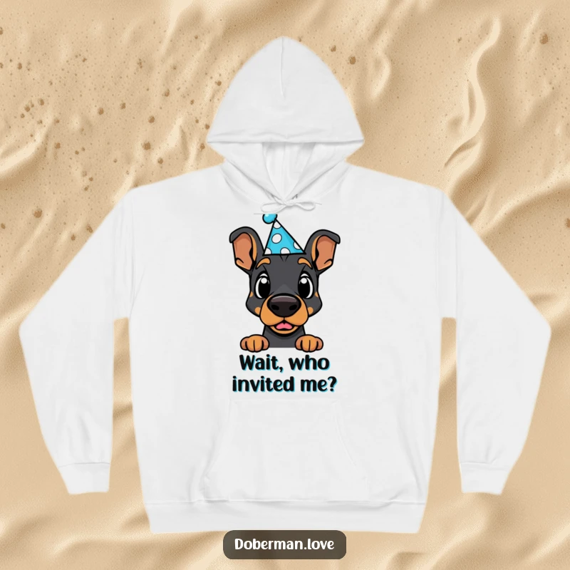 Funny Doberman Hoodie: Cute kawaii dog in a party hat, looking hilariously surprised, perfect for cozy fun.