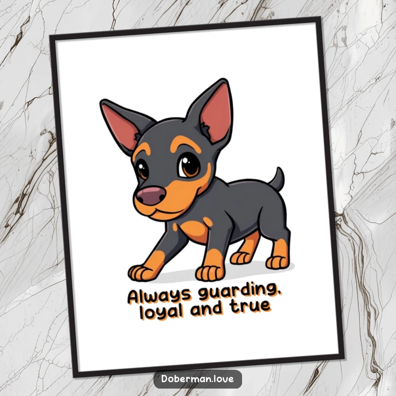 Funny Free Printable Wall Art of a kawaii doberman with sleek ears in a protective stance, adding a watchful presence.