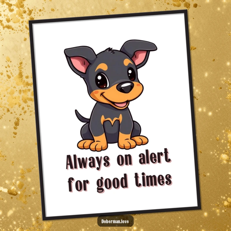 Funny Free Printable Wall Art: Kawaii Doberman puppy with alert ears and a wildly wagging tail, radiating joy.