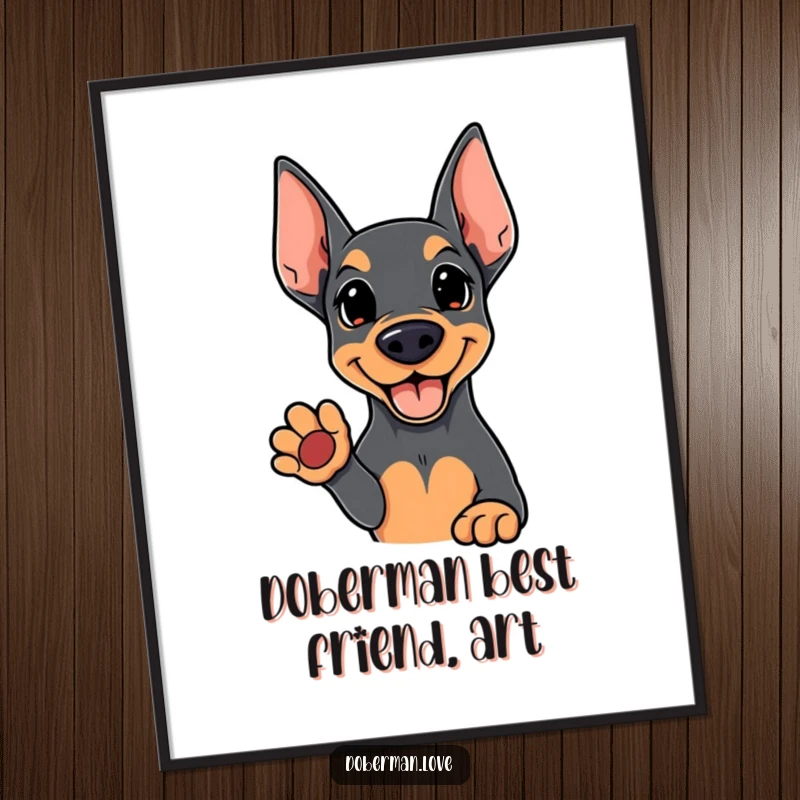 Funny Free Printable Wall Art: Kawaii Doberman offering a friendly, open paw gesture. Cute dog art, great for pet lovers.
