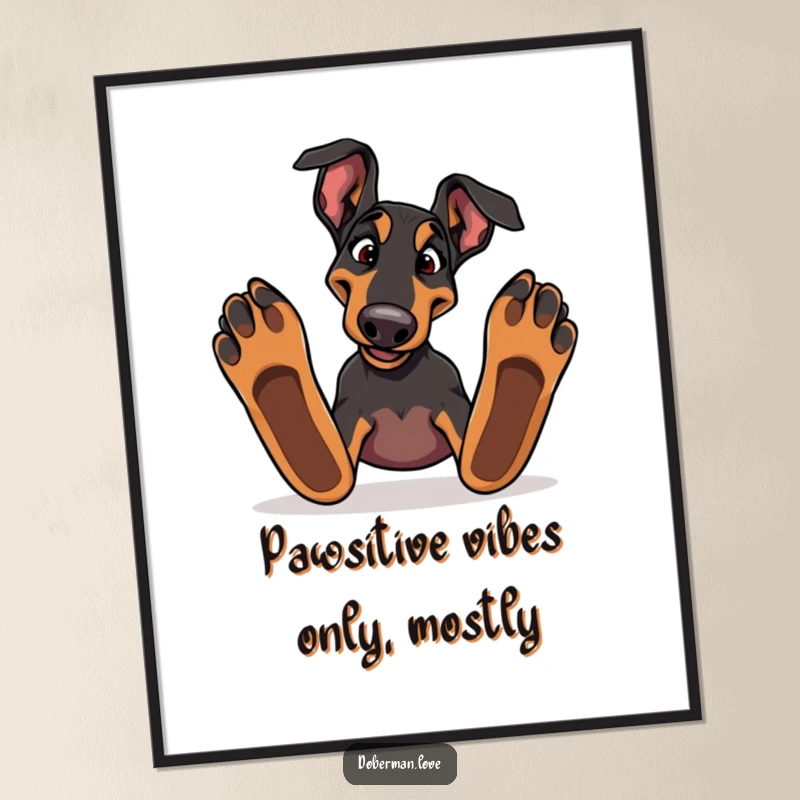 Funny Free Printable Wall Art: Silly Doberman tripping comically over its large paws, with a surprised look.