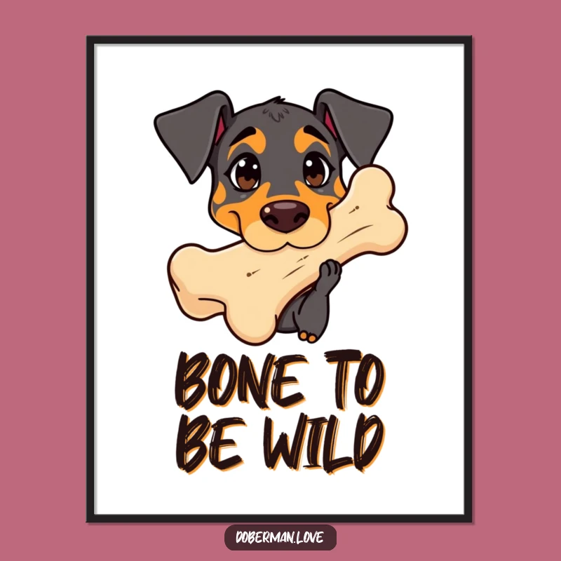 Free Printable Wall Art: Curious Kawaii Doberman Sniffing Bone for Funny Decor