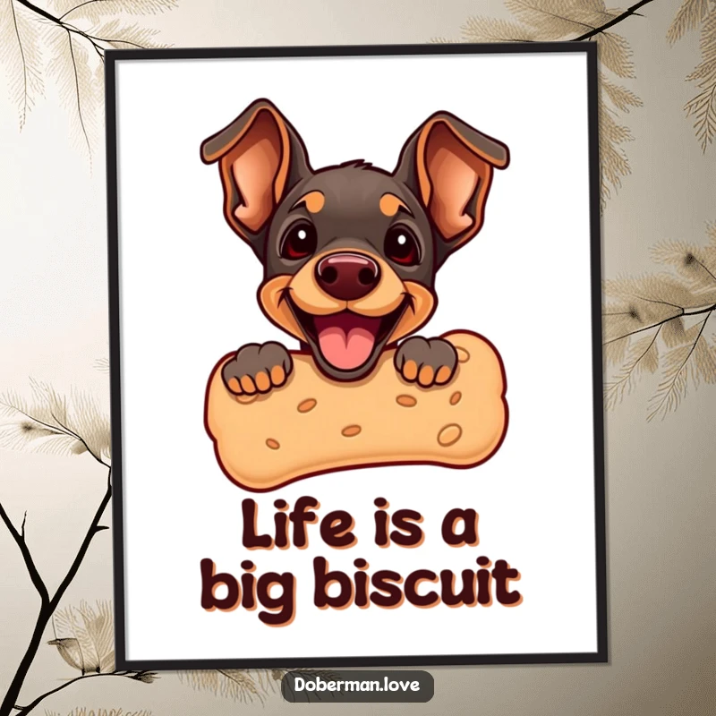 Funny Free Printable Wall Art: A happy Doberman puppy peeking over a giant dog biscuit, full of playful energy.