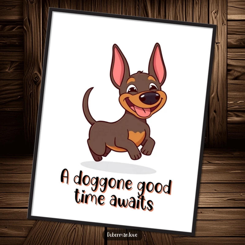 Funny Free Printable Wall Art: A happy doberman with a wide grin, captured in a comical moment chasing its own wagging tail.