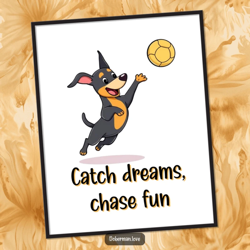 Funny Free Printable Wall Art featuring a kawaii doberman playfully leaping high in the air to catch a thrown ball.