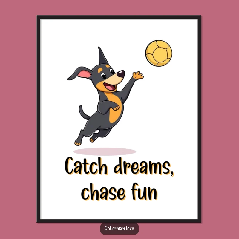 Free Printable Wall Art: Kawaii Doberman Leaping for Ball, Energetic Dog Decor
