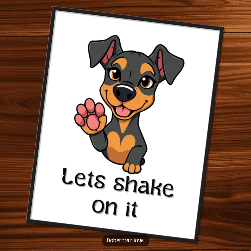 Funny Free Printable Wall Art: A Doberman dog with a sly, mischievous expression, offering its paw.