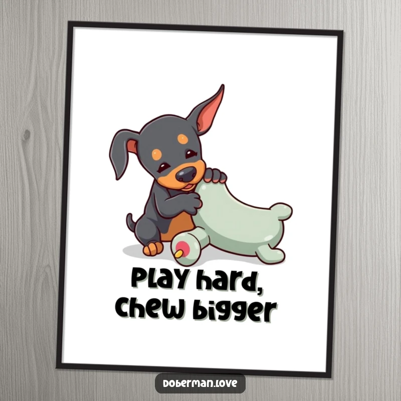 Free Printable Wall Art: A tiny Doberman playfully wrestles with a comically oversized toy chew, a scene of pure doggy joy.