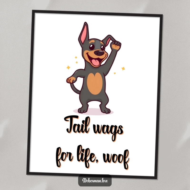 Funny Free Printable Wall Art: A happy Doberman dog performing an excited tail wag dance, capturing pure joy and energy for decor.