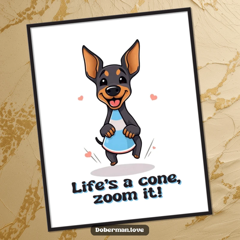 Funny Free Printable Wall Art: A giggling Doberman joyfully doing zoomies around a traffic cone, full of energy.