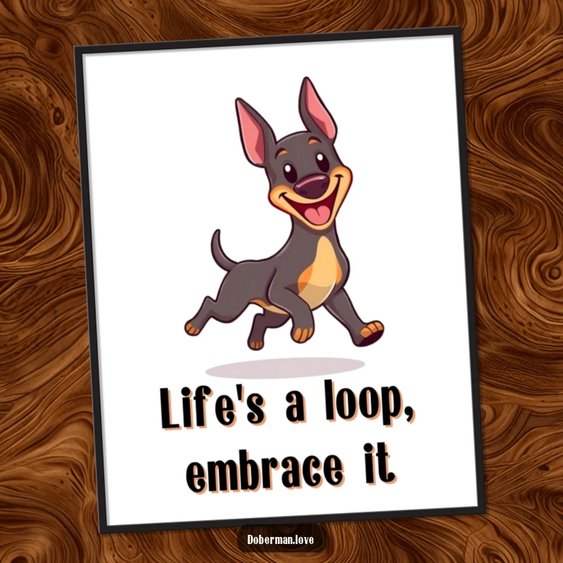 Funny Free Printable Wall Art: Adorable kawaii Doberman gleefully chasing its tail in a comical, circular motion.