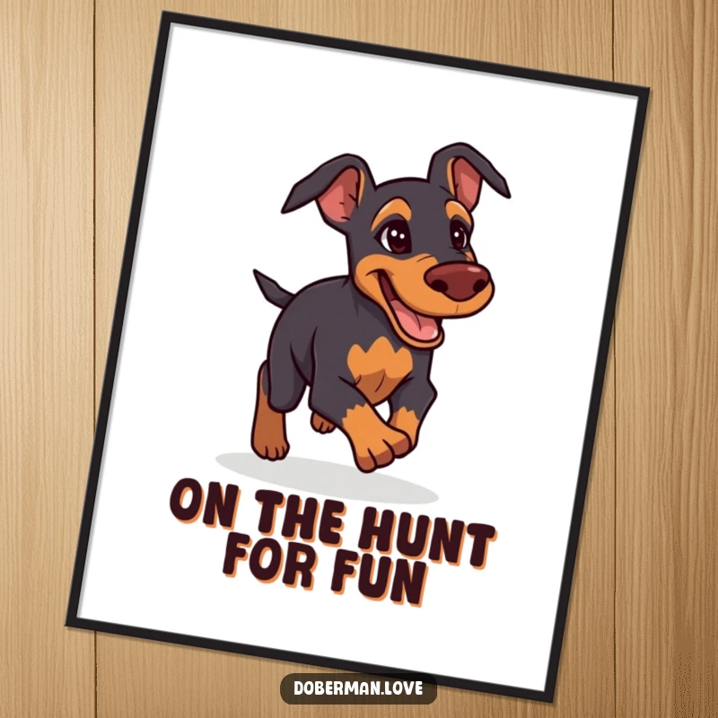 Funny Free Printable Wall Art: Determined but friendly Doberman giving chase, perfect for motivational home decor.