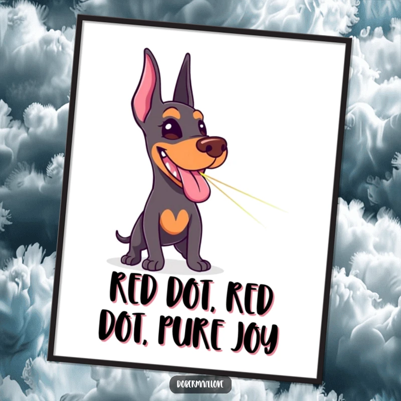 Funny Free Printable Doberman Wall Art: Delighted dog with tongue sticking out, enthusiastically chasing a laser pointer, downloadable decor.