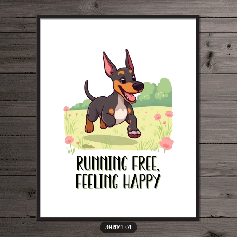 Funny Free Printable Wall Art: A giggling Doberman with a joyful wagging tail runs exuberantly through a sunny, green field.