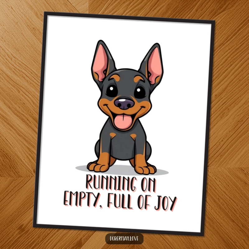 Funny Free Printable Wall Art: A happy Doberman dog with tongue lolling out, radiating post-exercise joy.