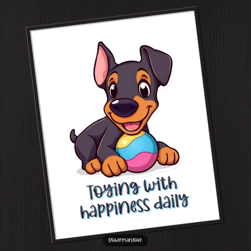 Funny Free Printable Wall Art: A cheerful Doberman nudging a perfectly round, colorful toy with its snout.