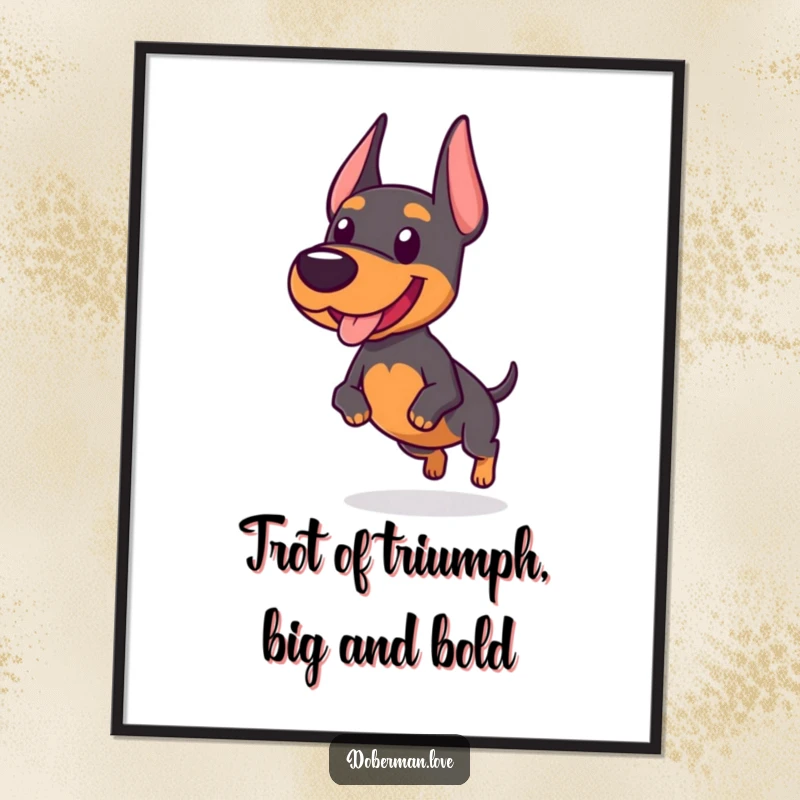 Funny Free Printable Wall Art, a chubby Doberman dog with a unique, wobbly, excited trot, ready to adorn any wall.