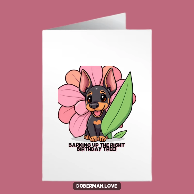Free Printable Doberman Birthday Card: Funny Cub Peeking Flower Downloadable Gift