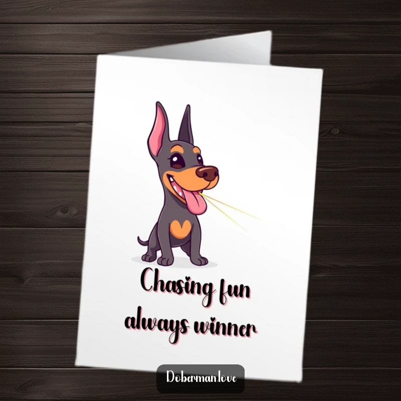 Funny Free Printable Doberman Birthday Card: Delighted dog with tongue out, enthusiastically chasing a laser pointer, downloadable fun.