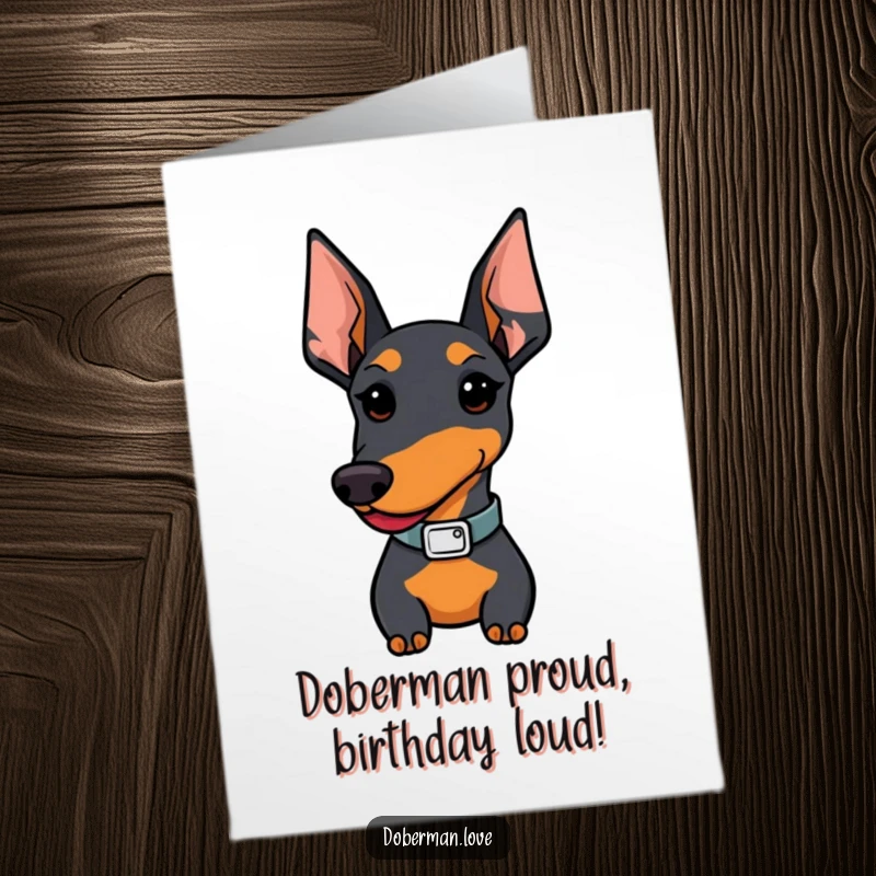 Funny Free Printable Birthday Card: Proud Kawaii Doberman dog in a stylish collar, ready to celebrate a special day.