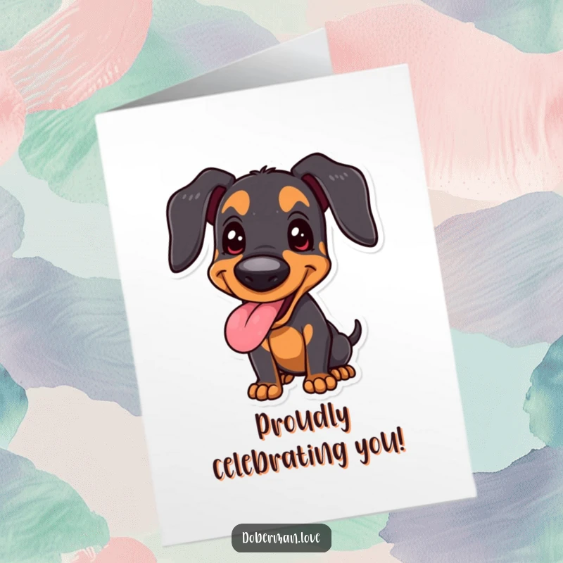 Funny Free Printable Birthday Card of a joyful doberman, panting happily with a proud and satisfied stance.