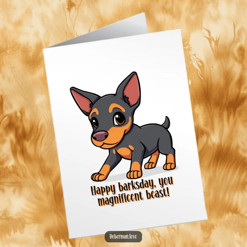Funny Free Printable Happy Birthday card of a kawaii doberman with sleek ears in a protective stance, guarding the celebration.