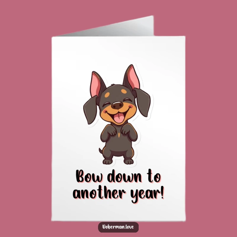 Free Printable Bowing Doberman Birthday Card: Funny Joyful Dog Downloadable Greeting