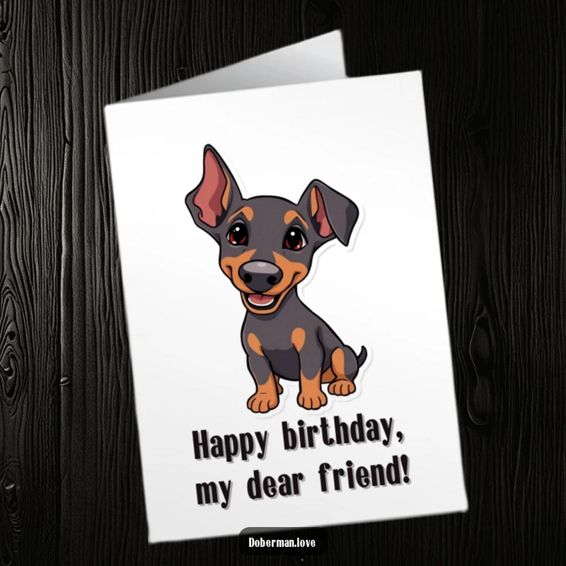 Funny Free Printable Birthday Card of a Doberman with perked ears, listening happily with a tilt.