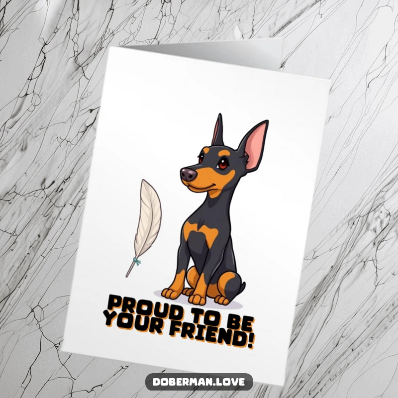 Funny Free Printable Birthday Card featuring a proud Doberman observing a delicate fluttering feather with interest.