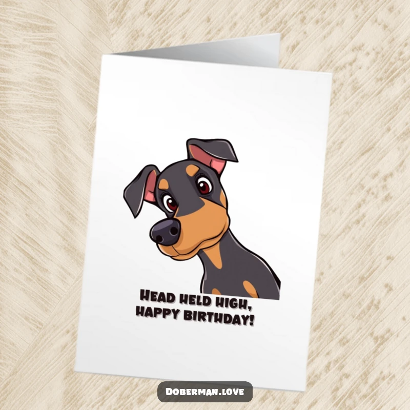 Free Printable Birthday Card: A curious Doberman tilts its head with soulful, attentive eyes, a loving birthday greeting.