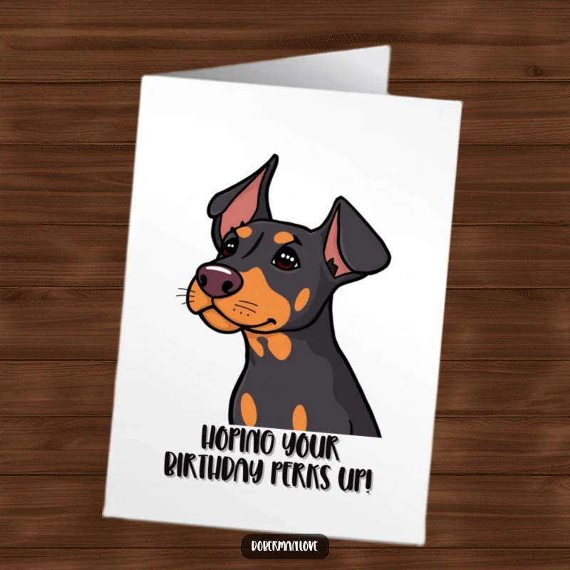 Funny Free Printable Doberman Birthday Card: Cute Doberman dog tilting head, ears perked, listening intently to a birthday surprise.