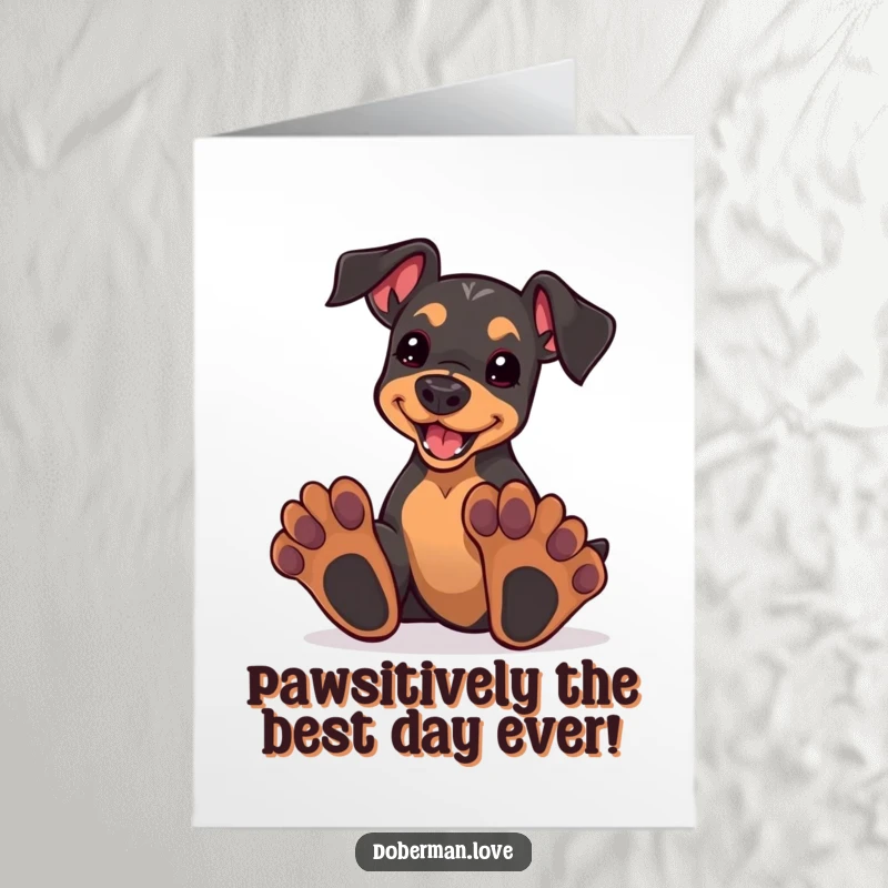 Funny Free Printable Birthday Card: Kawaii doberman puppy with comically oversized paws enthusiastically playing, full of clumsy joy.