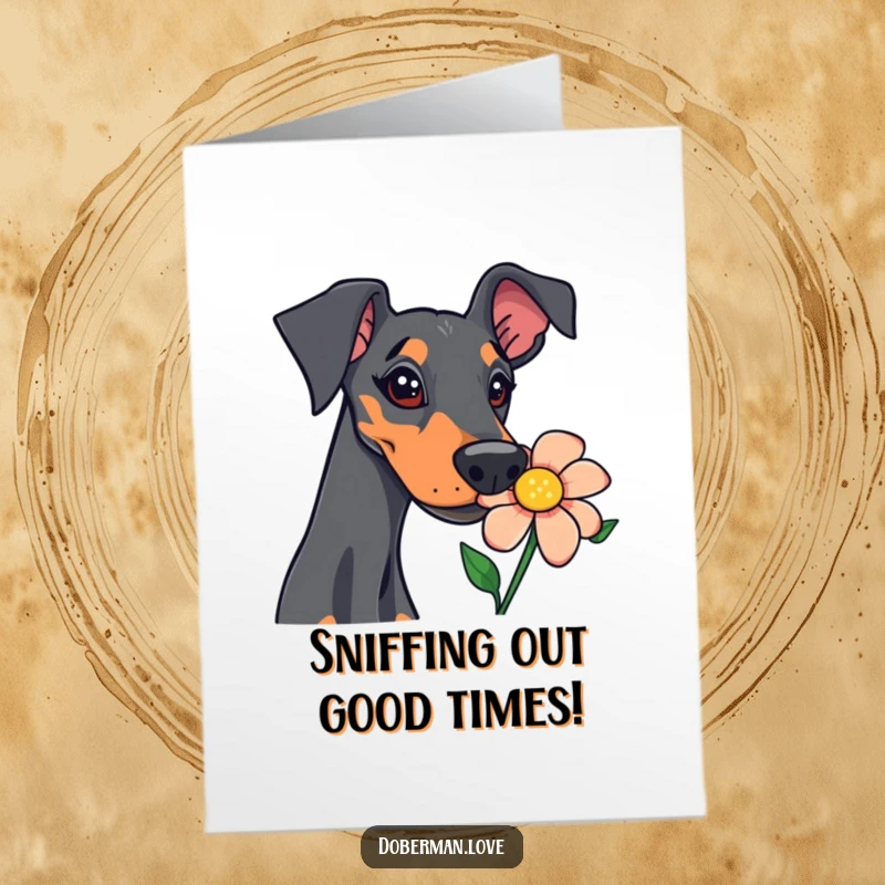 Funny Free Printable Doberman Birthday Card: Curious dog with brown ears sniffing a bright red flower with wide-eyed interest.