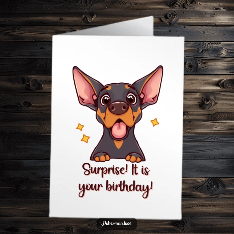 Funny Free Printable Birthday Card: A Doberman dog with a shocked expression, startled by the sound of its own echo.