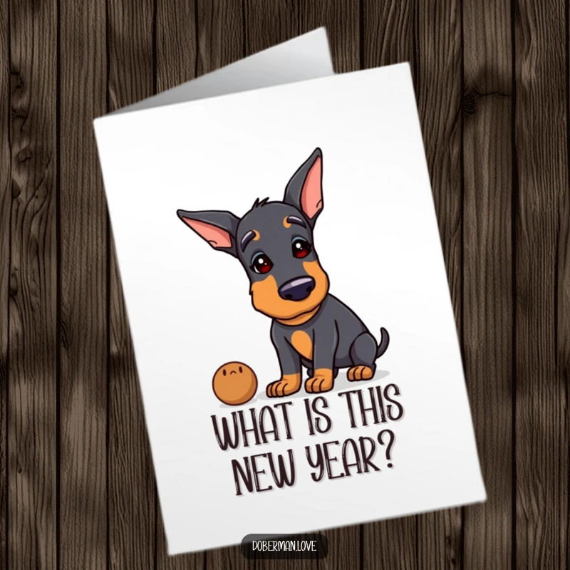 Funny Free Printable Doberman Birthday Card: Curious dog tilting head, sniffing unknown object, downloadable for instant joy.
