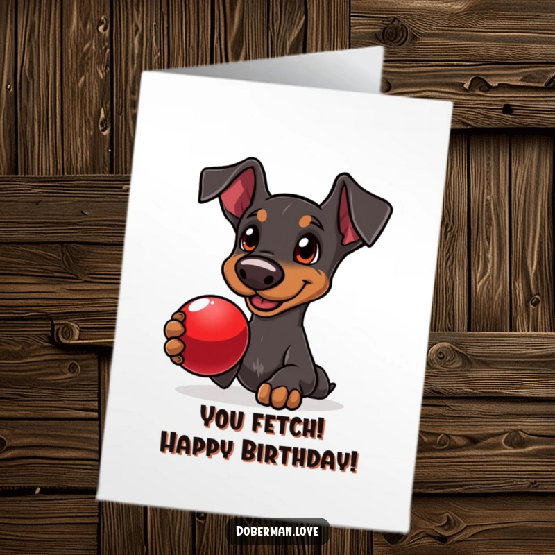 Free Printable Birthday Card: A delighted doberman with soulful eyes offers a bright red ball as a birthday gift.