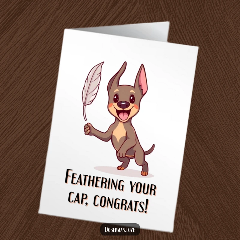 Funny Free Printable Congratulations Card: A kawaii Doberman mid-air, enthusiastically pouncing towards a whimsical floating feather.