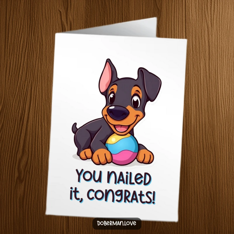 Funny Free Printable Congratulations Card showing a cheerful Doberman nudging a perfectly round, colorful toy.