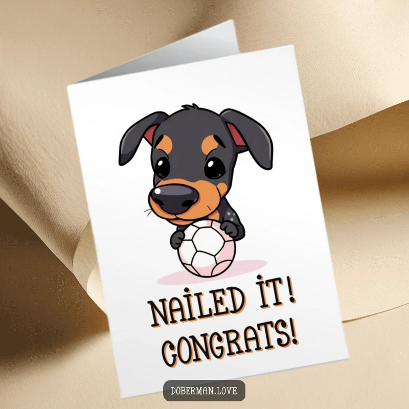 Funny Free Printable Congratulations Card: Kawaii Doberman balancing a small ball on its snout, cute dog.