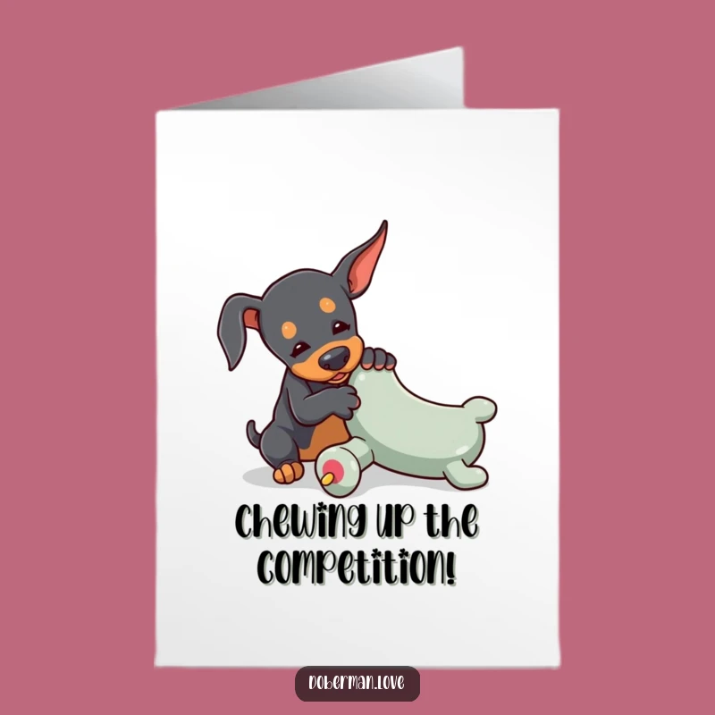 Free Printable Congrats Card: Doberman's Toy Triumph, Downloadable Dog Gift