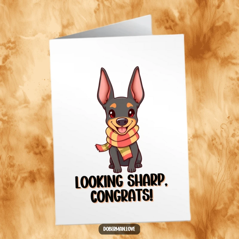 Free Printable Congratulations Card: Adorable Kawaii Doberman in a tiny scarf, beaming with happiness at their achievement
