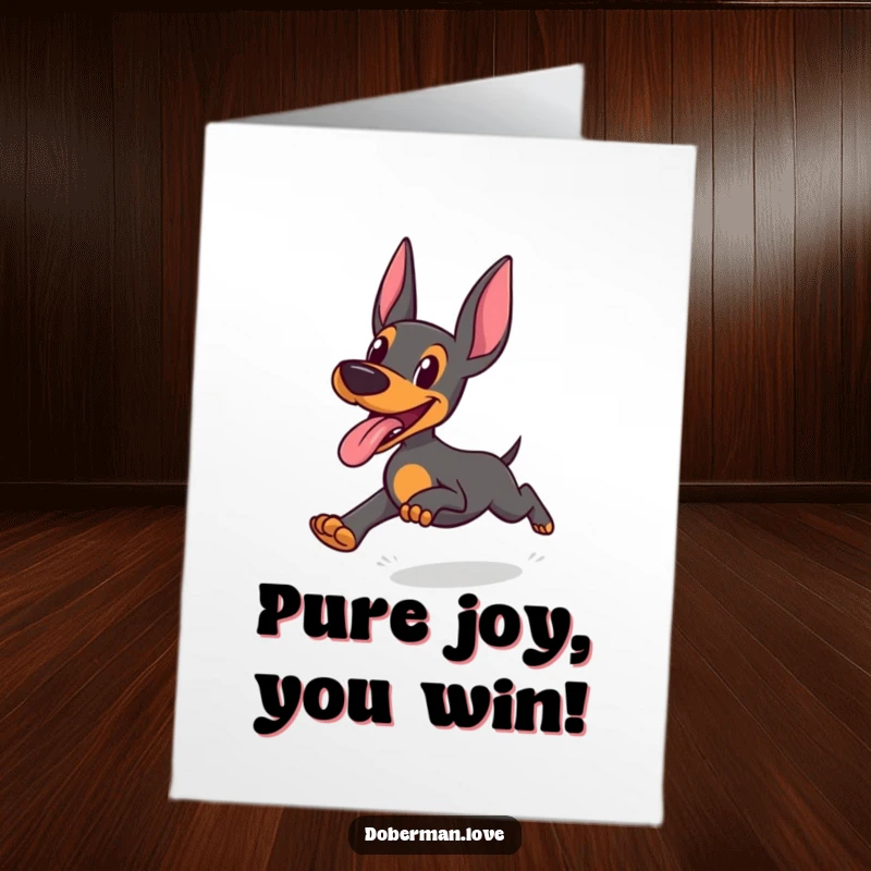 Funny Free Printable Congrats Card: Doberman with tongue out, running with joyful abandon, celebrating success enthusiastically.